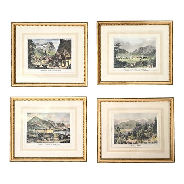 Late 19th Century Set 4 Hand Colored Engravings of Austrian / German Bavarian / Tyrolian Alps Framed For Sale