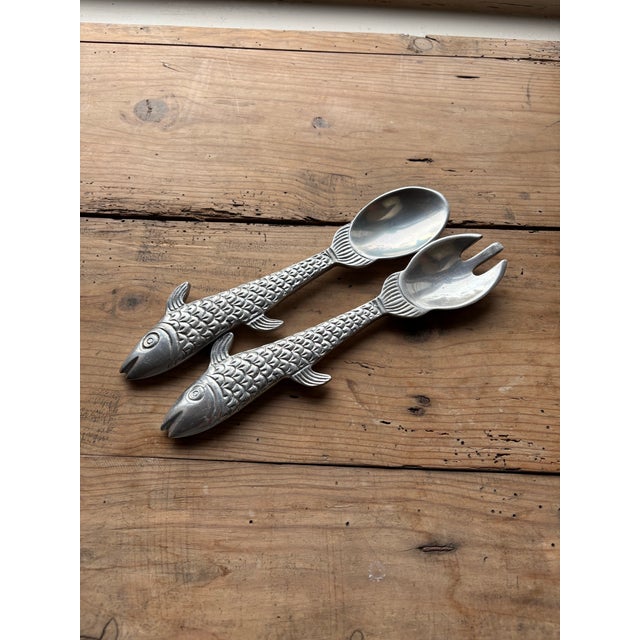 Silver Vintage Fish-Shaped Salad Servers | Nautical Metal Serving Set For Sale - Image 8 of 10