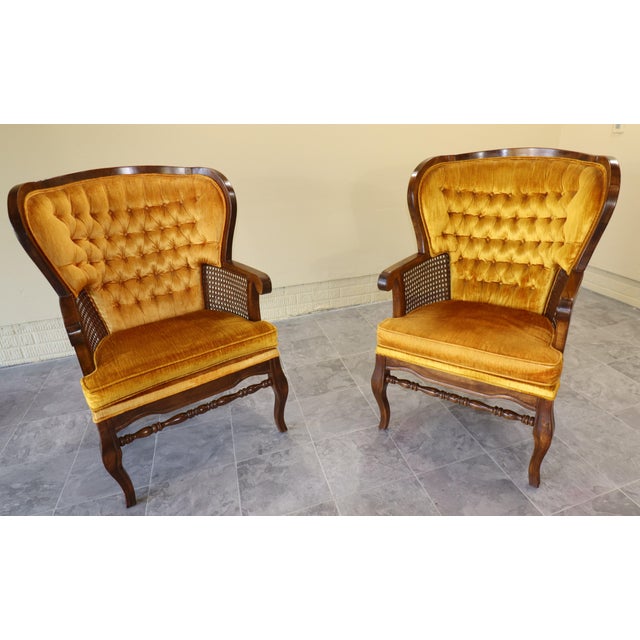 Pair of Monumental 1970s Cane and Gold Velvet Horseshoe Wingback Chairs For Sale - Image 12 of 17