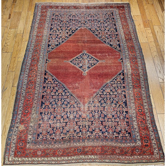 Red Antique Persian Malayer Rug, Hand-Knotted Wool, Geometric Pattern, 8x12, Terracotta & Navy For Sale - Image 8 of 16