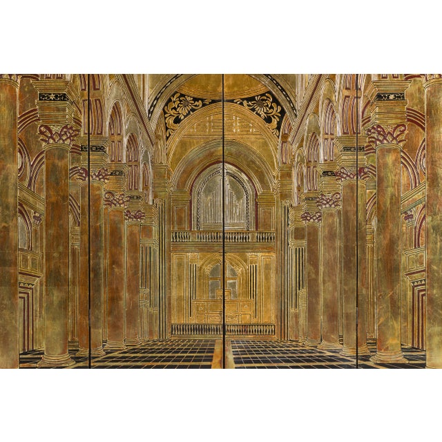 Brown Renaissance-Inspired 4-Panel Gilded Screen with Raised Architectural Design For Sale - Image 8 of 12
