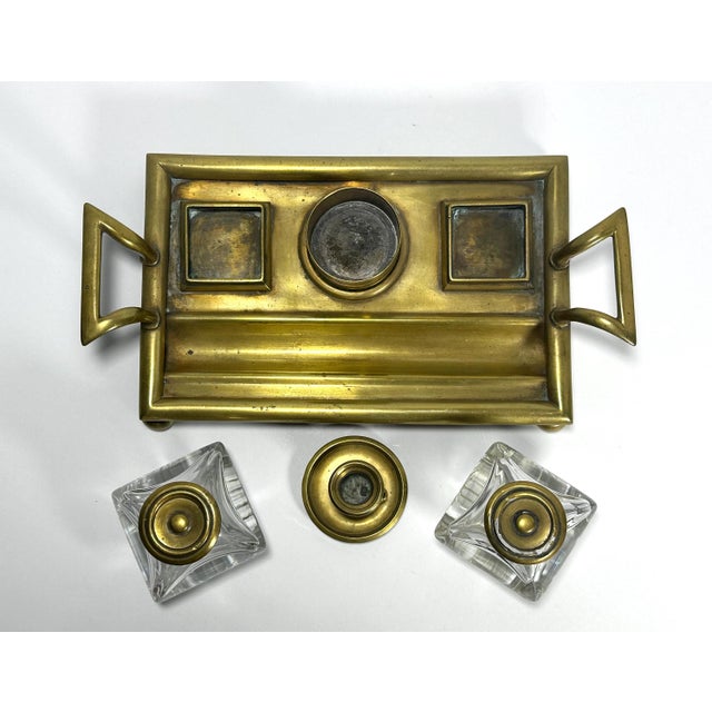19th Century 19th Century Victorian Brass Double Inkwell & Candle Holder Set: English Antique For Sale - Image 5 of 10