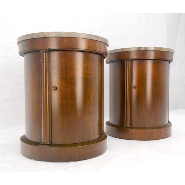 Baker Furniture Company Baker Pair Cylinder Drum Shape Marble Top One Door Compartment Side End Tables For Sale - Image 4 of 18
