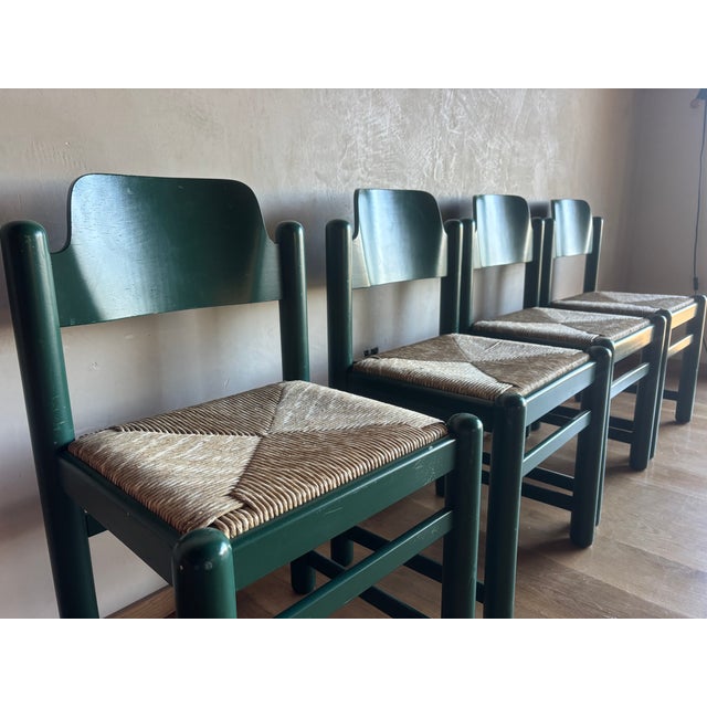 Textile 1970s Mid Century Green Padova Chairs With Striated Woven Rush Seats Attributed to Hank Lowenstein For Sale - Image 7 of 15
