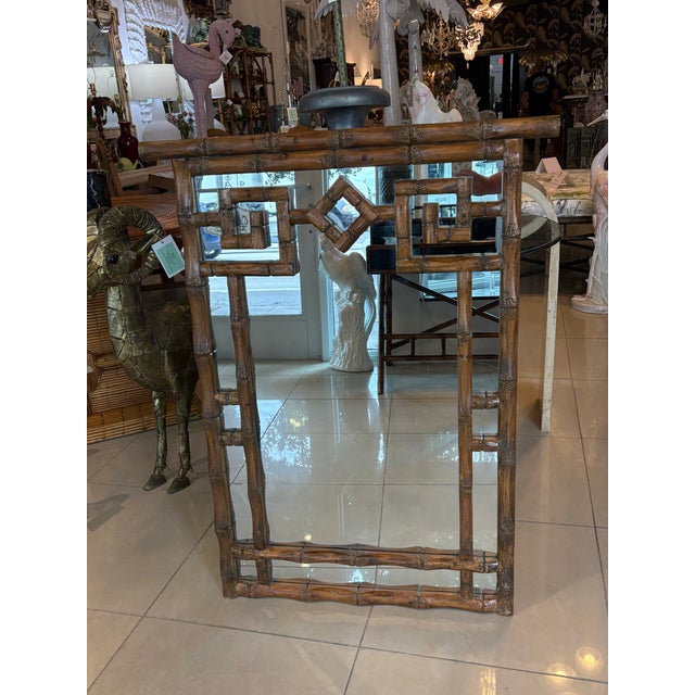 Brown Vintage Palm Beach Coastal Faux Bamboo Pagoda Greek Key Wall Mirror For Sale - Image 8 of 10