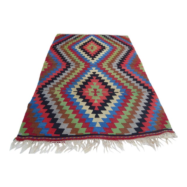 1960s Turkish Blue Wool Diamond Kilim Rug 2'11" X 4'2" For Sale