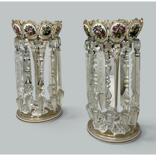 Late 19th Century Antique Crystal Glass Bohemian Enamel Pair Overlaid Lusters Candlesticks 19thCt For Sale - Image 5 of 10