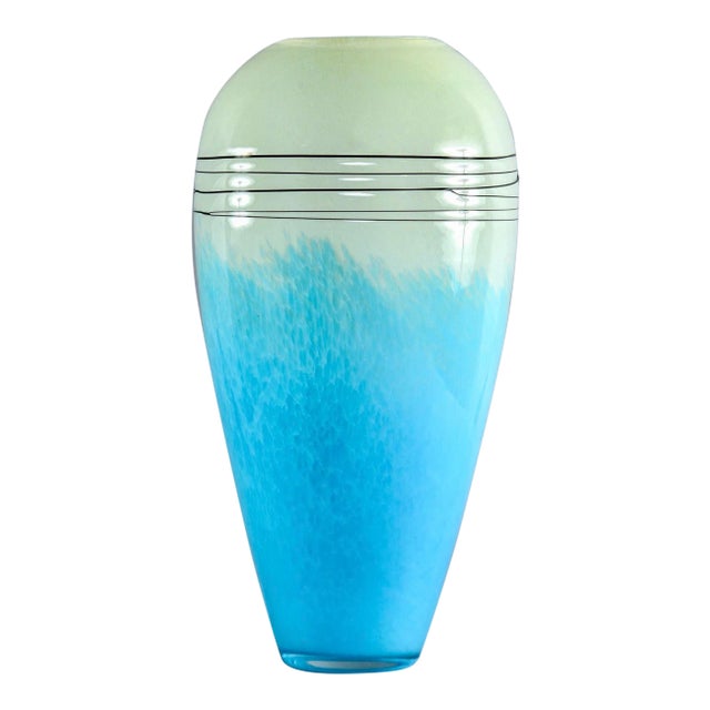 Tall Mid Century Blue and Pale Green Art Glass Vase For Sale