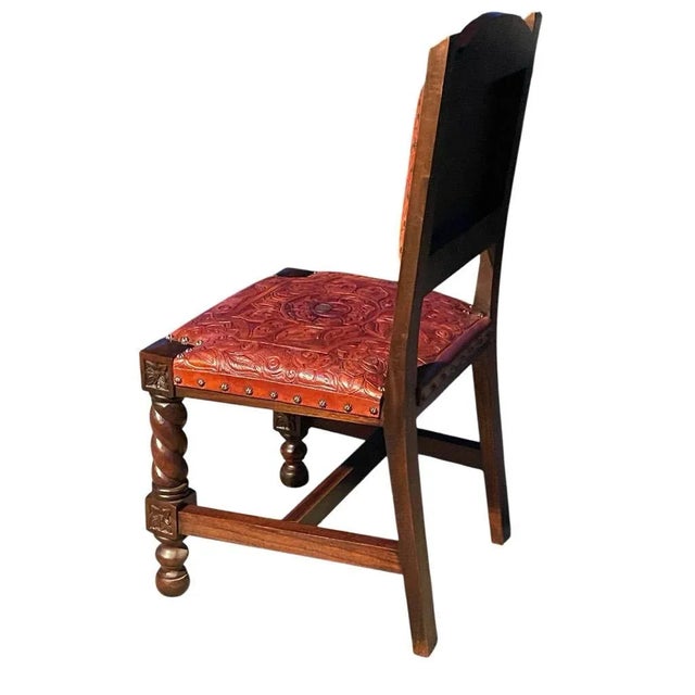 Spanish On Hold - Vintage 1966 Spanish Hand Carved Walnut and Tooled Leather Chair For Sale - Image 3 of 13