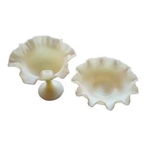 1960s Pair of Fenton Satin Glass Pedestal Compote & Berry Bowl
