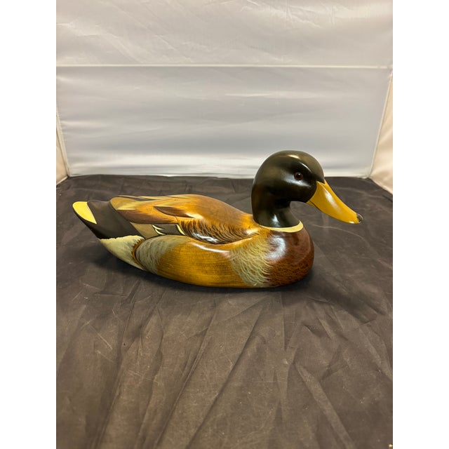 Mid-Century Modern Wooden Bird Factory Mallard Drake Duck Decoy Hand Carved 1986 P. Korman Signed For Sale - Image 3 of 10