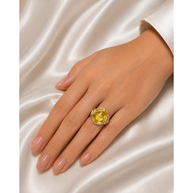 Art Deco 14K Yellow Gold Diamond Cabochon Lemon Quartz Ring Estate Gemstone For Sale - Image 3 of 3