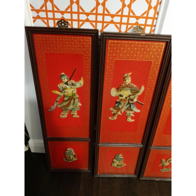 1980s Vintage Chinese Chinoiserie Red Semi Precious Stone Emperor Decorative Wall Panels- Set of 4 For Sale - Image 5 of 12