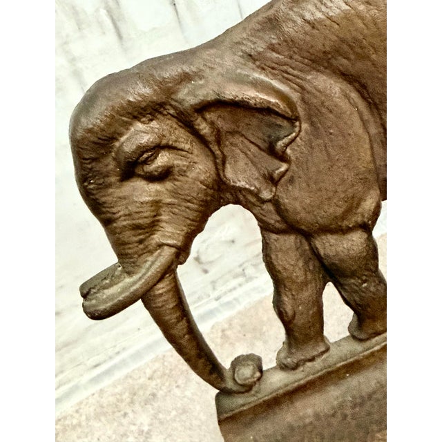 Traditional Stately Antique 1920’s Finely-Cast With Bronze Finish, ‘Mirrored’ Pair Elephant, Pachyderm Bookends For Sale - Image 3 of 12
