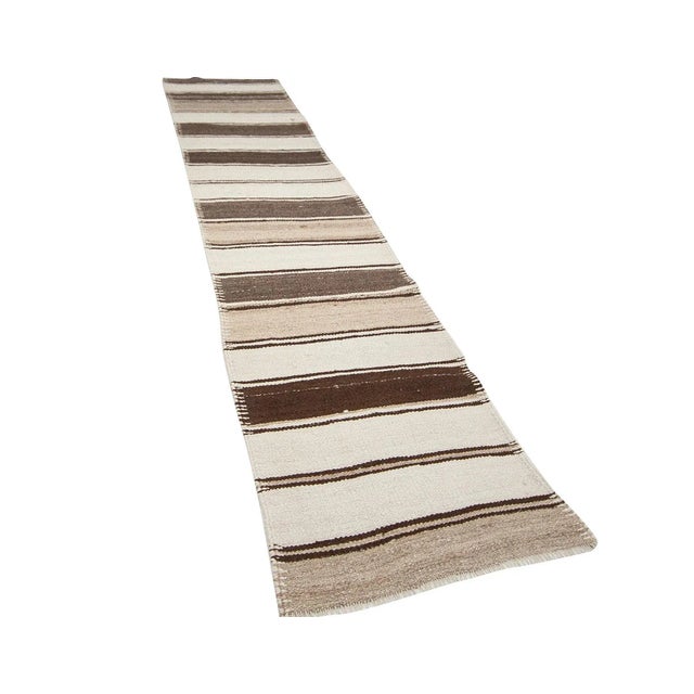 Traditional Brown & Cream Striped Vintage Kilim Runner For Sale - Image 3 of 7