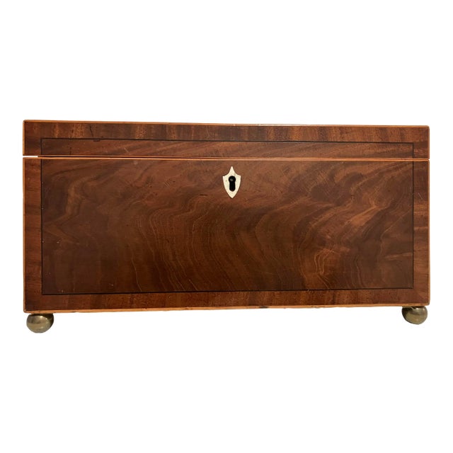 English 19th Century Satinwood With Ebony Inlay Tea Caddy With Hallmarked Silver Spoon, Lock & Key For Sale