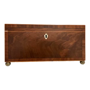 English 19th Century Satinwood With Ebony Inlay Tea Caddy With Hallmarked Silver Spoon, Lock & Key