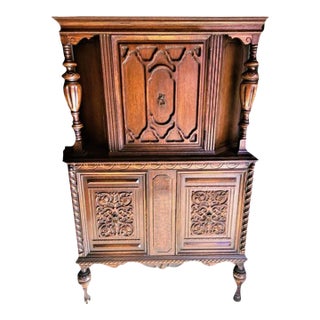 Pomegranate Carving Detailed Spanish Revival Oak Liquor Cabinet or Linen Press - 1920s Antique For Sale