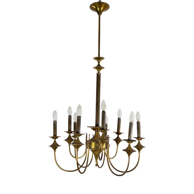 Art Deco Nine-Light Brass Chandelier, 1940s For Sale