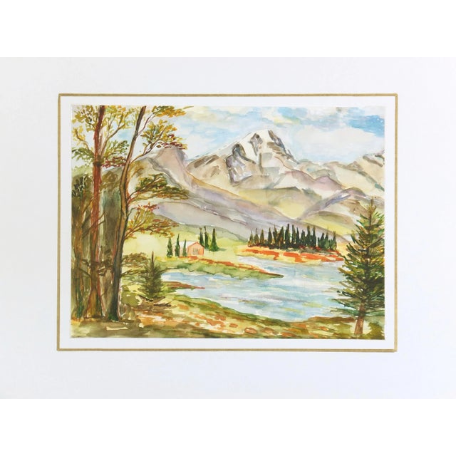 Rustic Vintage Watercolor Mountain Lake Painting For Sale - Image 3 of 3