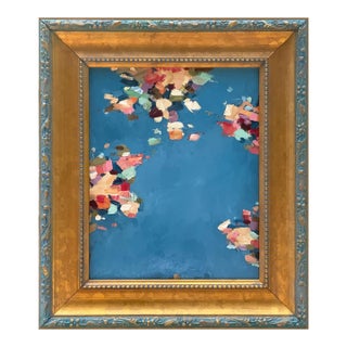 Blue Petals Abstract Oil Painting in Vintage Frame For Sale