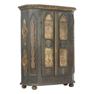 Antique Rustic Farmhouse Folk Art Painted Bridal Cabinet, 1882 For Sale
