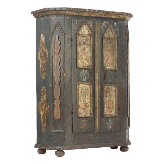 Antique Rustic Farmhouse Folk Art Painted Bridal Cabinet, 1882 For Sale