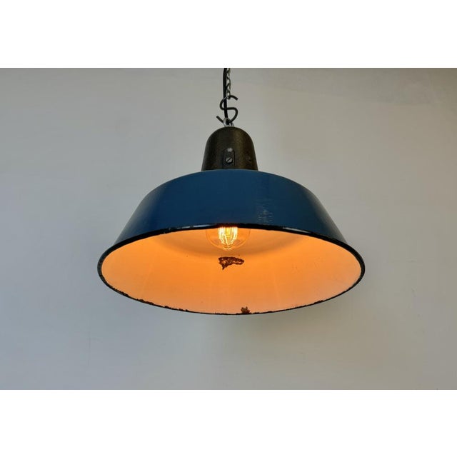 Industrial Blue Enamel Factory Lamp with Cast Iron Top, 1960s For Sale - Image 18 of 18