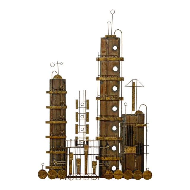 Mid 20th century Peter Pepper Products Brutalist Steampunk Cityscape Metal Sculpture After C Jere For Sale