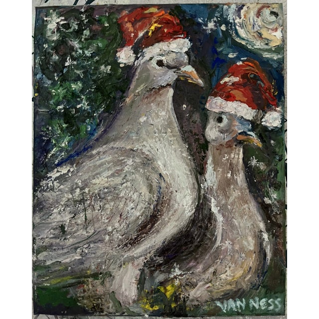 Wood Two Turtle Doves, Oil Painting, Holidays, by Van Ness For Sale - Image 7 of 7
