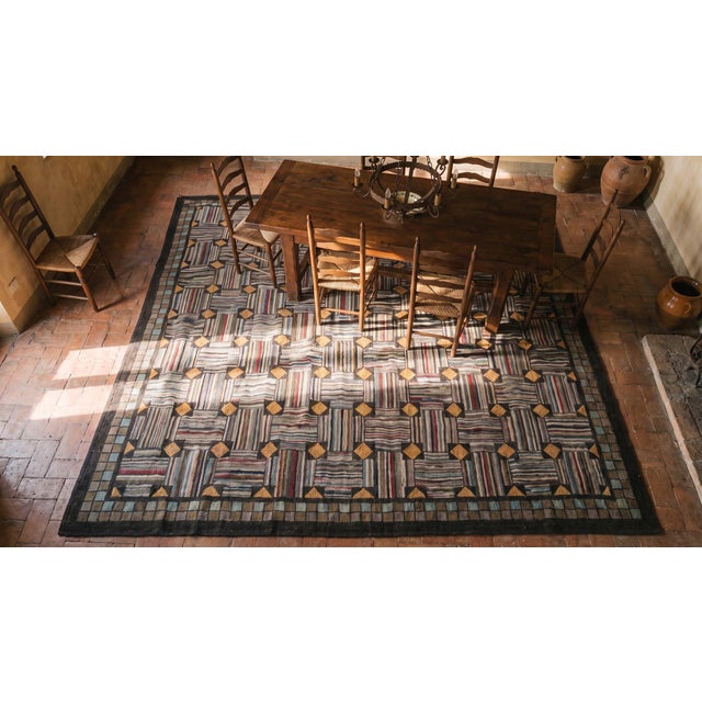 Striking Black-Yellow Forming Diamond in a Brown Background Color Antique American Hooked Rug For Sale - Image 13 of 15