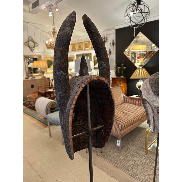 Collection of African Carved Wood Masks on Tall Custom Iron Stands For Sale - Image 13 of 16