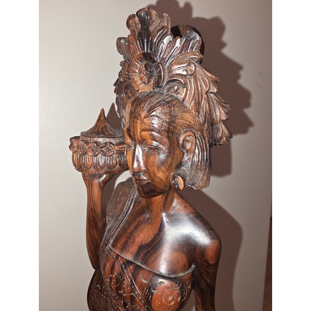Chestnut Large 18.5" Mid-Century Two-Tone Macassar Ebony Balinese Offering Maiden Sculpture For Sale - Image 8 of 12