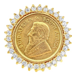 South African Coin Ring with Diamond Halo .66cttw, Size 7 For Sale