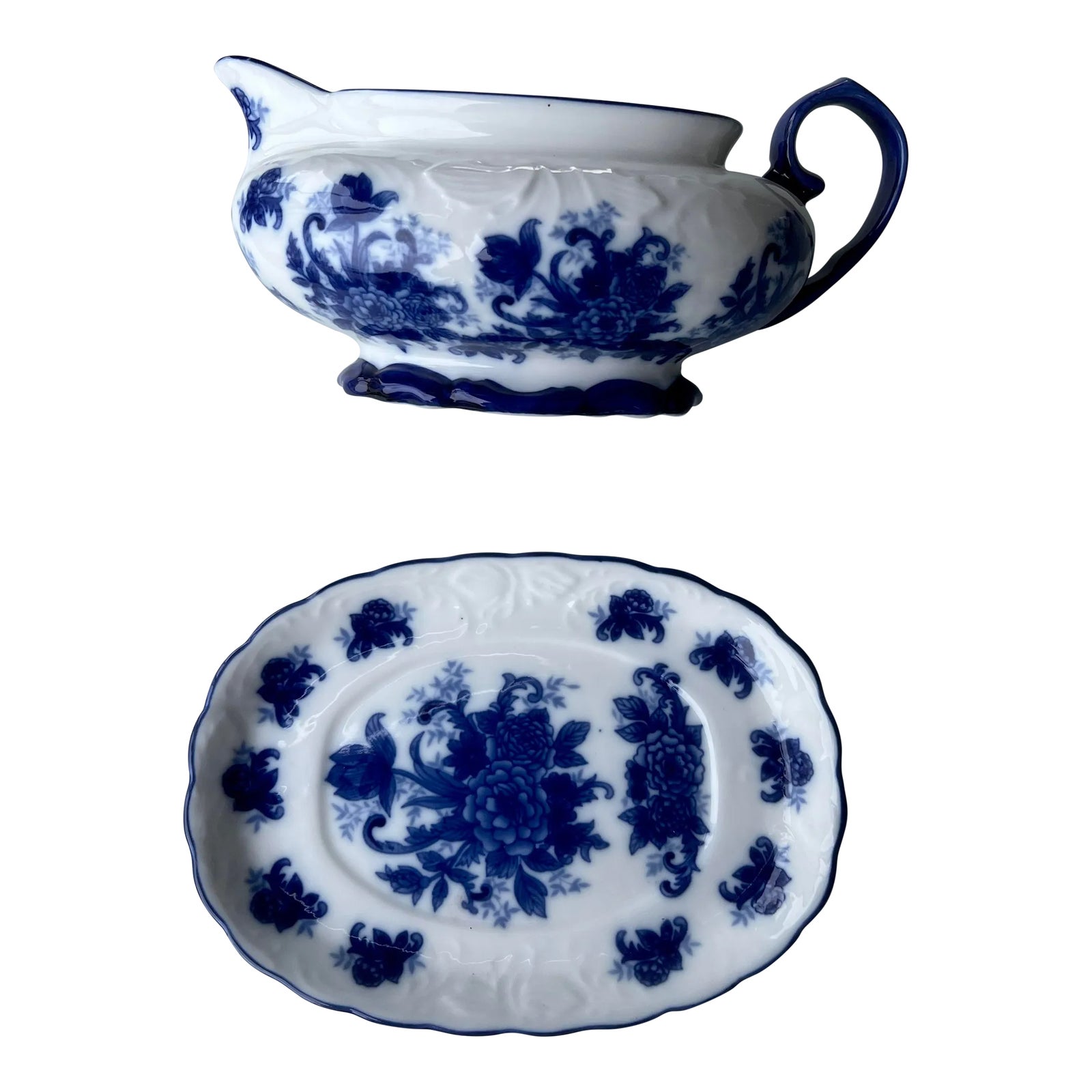 20th Century Blue & White Gravy Boat & Under Plate Set 2 Pieces Chairish