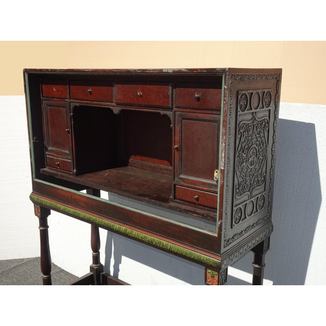 1940s Antique Spanish Style Carved Vargueno Bargueno Drop Front Secretary Desk Cabinet For Sale - Image 5 of 18