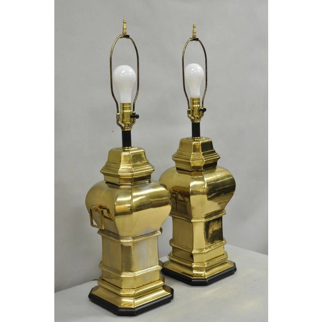 Vintage Chinoiserie Chinese Ginger Jar Brass Plated Metal Table Lamps with Square Drop Handles - a Pair. Circa Late 20th...
