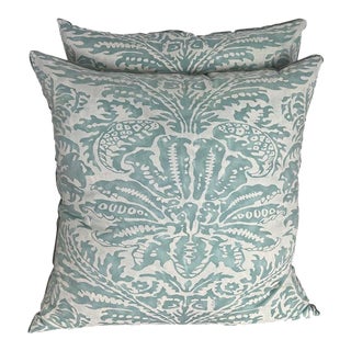 Pair of Aqua & White Fortuny Style Pillows For Sale
