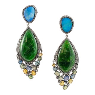 Vintage Silver Tourmaline Opal Multi Color Sapphire & Diamond Drop Earrings - 2 Pieces For Sale