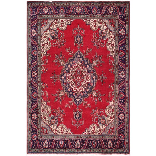 Retro Persian Tabriz Red/Blue Wool Rug - 9'10'' X 12'7'' For Sale - Image 10 of 10