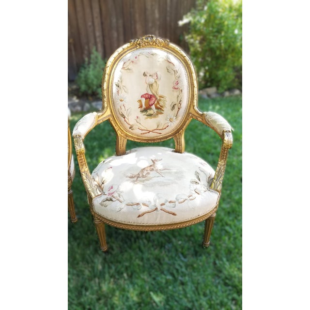 Late 19th C. Louis XVI Revival Giltwood Aubusson Tapestry Salon Suite | Canapé & Four Fauteuils For Sale - Image 6 of 18