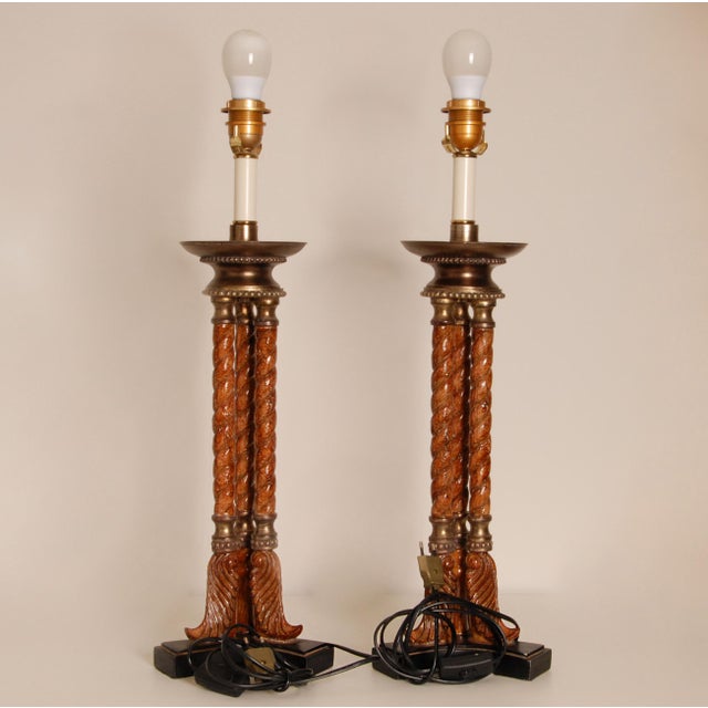 Vintage Italian Lamps Neoclassical Column Lamps Turned Burl Wood Table Lamps - A Pair For Sale - Image 6 of 9