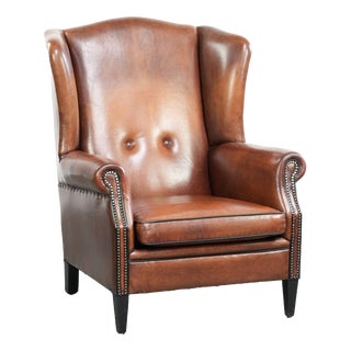 Sheepskin Wing Armchair in Cognac Color For Sale