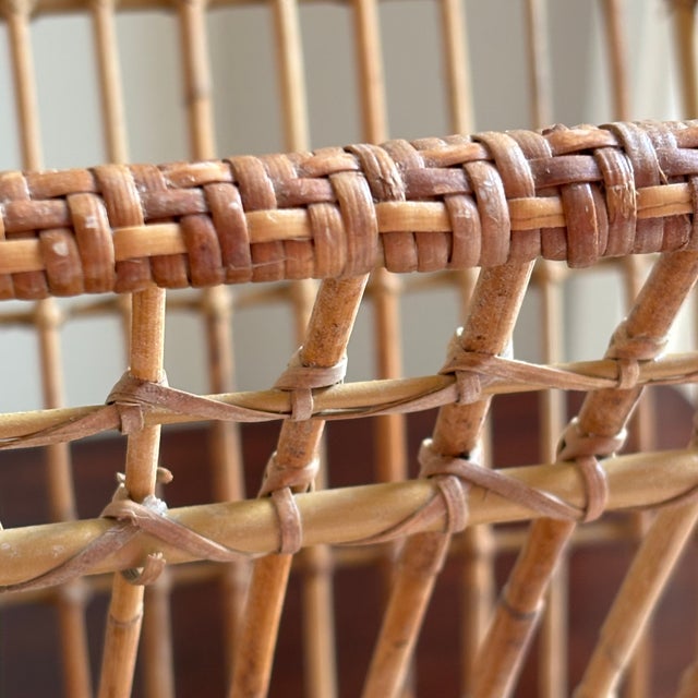 1950s Bamboo & Rattan Openweave Magazine Rack W/ Iron Base For Sale - Image 11 of 18