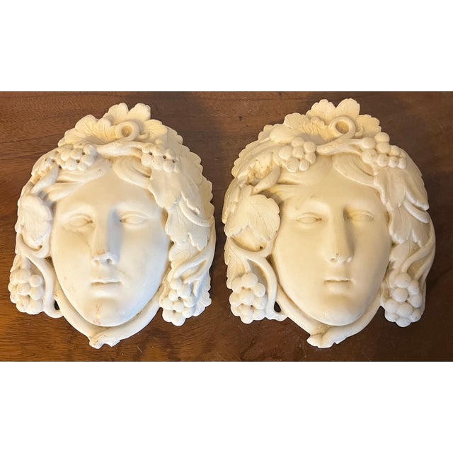 Antique English Regency Architectural Elements - Carved White Statuary Marble Masks or Wall Plaques - Classical Youths With Grapevine Hair - A Pair For Sale - Image 14 of 14