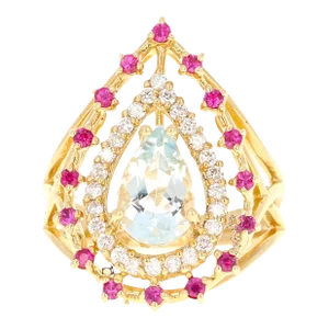 1.96 Carat Aquamarine Sapphire Diamond Yellow Gold Cocktail Ring Size 7