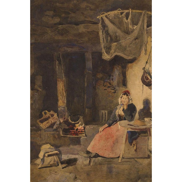 William James Müller, Interior with Woman Seated by Fire, Early 19th Century, Watercolour For Sale - Image 4 of 4