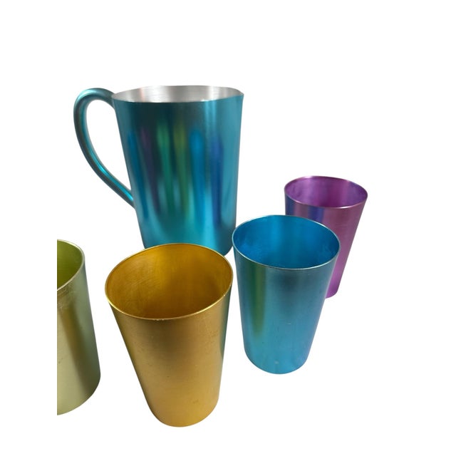 Mid-Century Modern Vintage, Colorful, Sunburst, Pitcher, and Glassware 7 Piece Set in Colorful Aluminum For Sale - Image 3 of 6