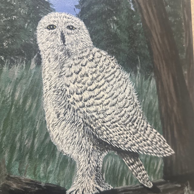 Mid-Century Modern Folk Art Style Snowy Owl Oil Painting – Original Woodland Biophilic Canvas For Sale - Image 9 of 12