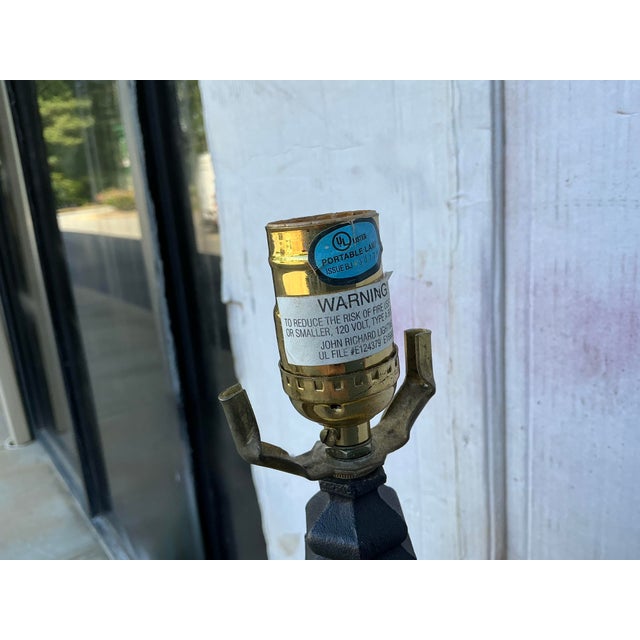 1980s Large English Neo-Classical Cannister Style Tole Metal Table Lamps - Pair For Sale - Image 5 of 6